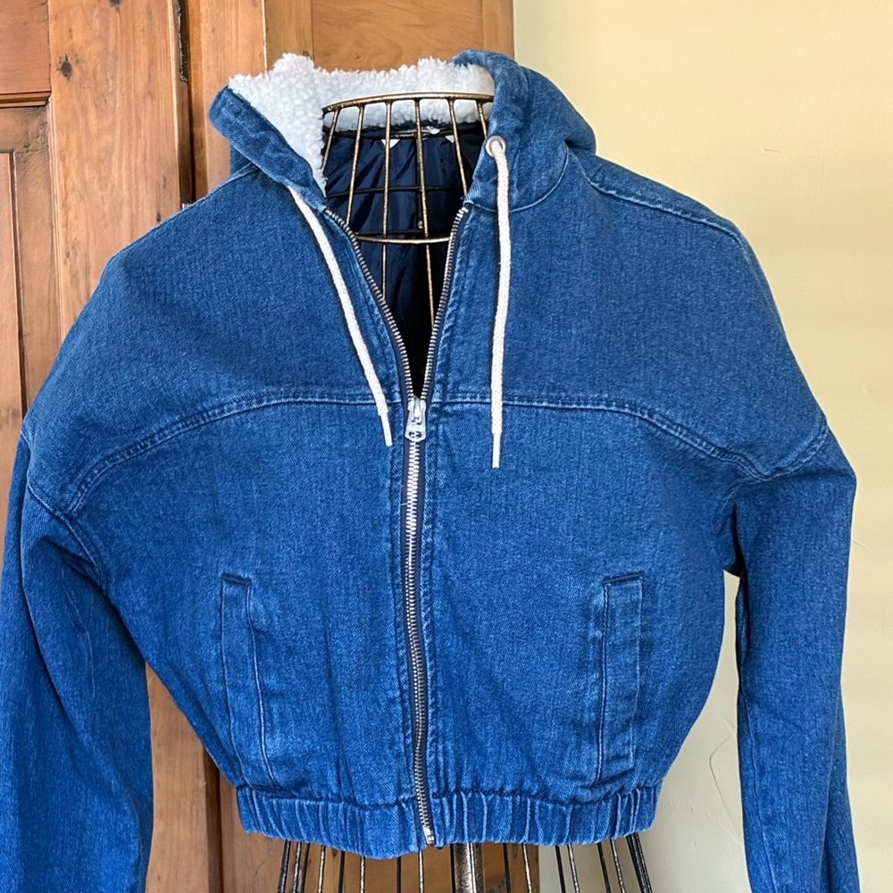 PACSUN Blue Denim Bomber Jacket Sherpa Hood